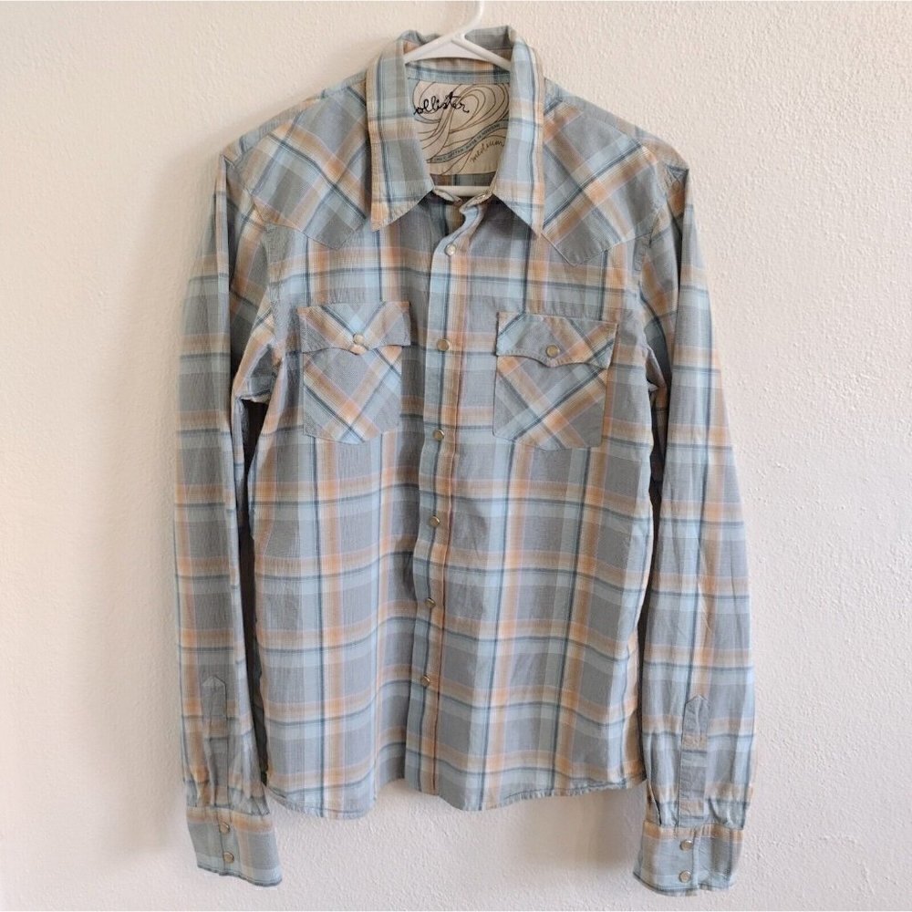 Hollister Western Pearl Snap Shirt Long Sleeve Mens M Tan Plaid